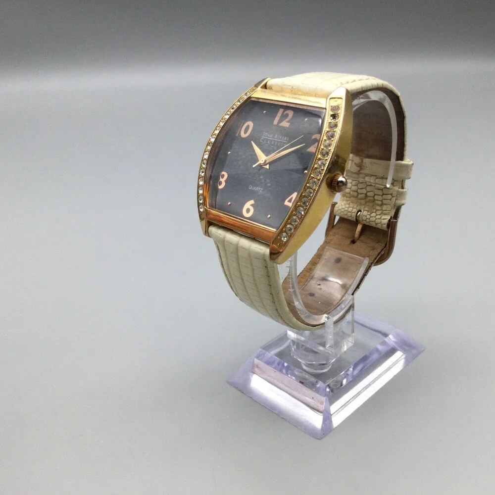 Joan Rivers Womens Watch 41mm Black Dial Gold Case White Leather 4377